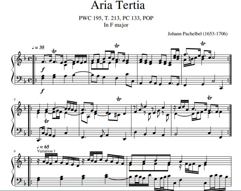 Johann Pachelbel - Aria Tertia In F major sheet music  for piano